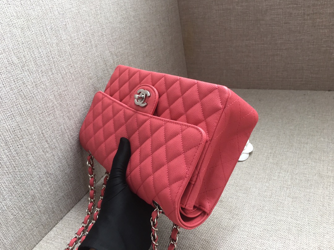 Medium Classic Flap Caviar Bag A01112 Rose Red/Silver